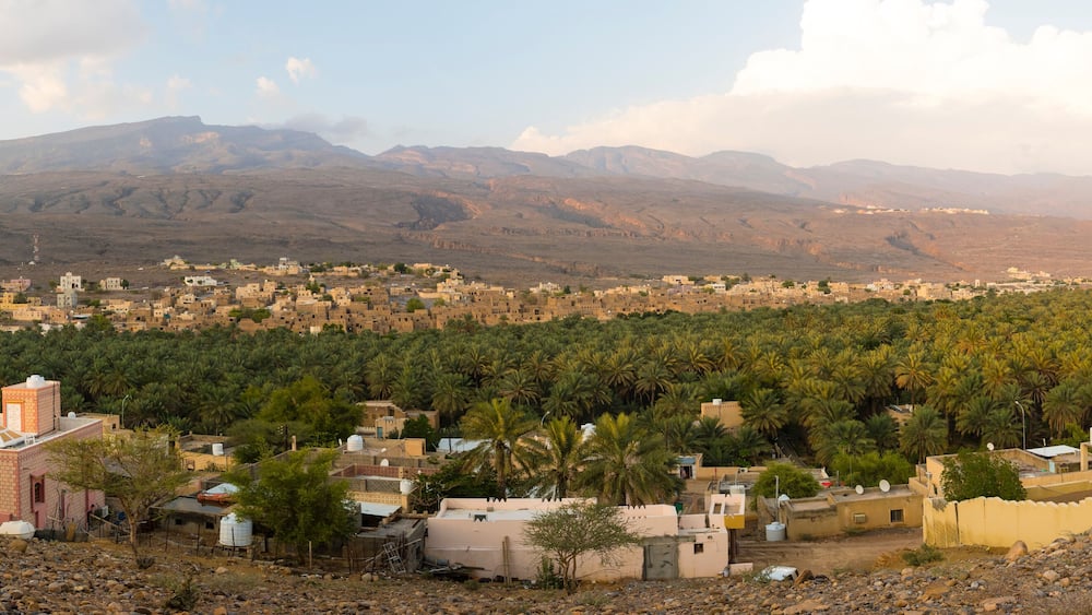 Oman, Al Dakhiliyah, Jebel Shams, Al-Hamra, Mountain village Wadi Misfah, Panorama