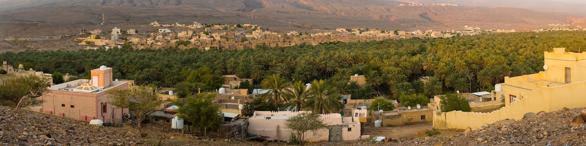 Oman, Al Dakhiliyah, Jebel Shams, Al-Hamra, Mountain village Wadi Misfah, Panorama