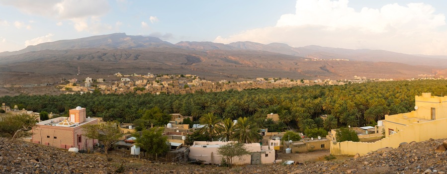 Oman, Al Dakhiliyah, Jebel Shams, Al-Hamra, Mountain village Wadi Misfah, Panorama