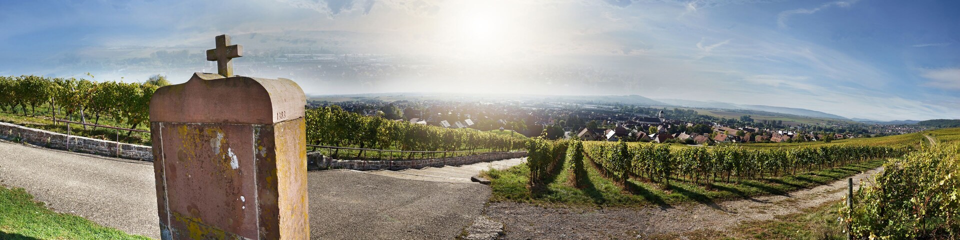 A rural landscape with a weathered monument, vineyards, and a distant town.