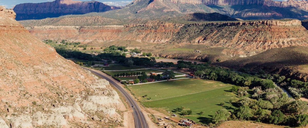 Desert highway heading to Zion National Park. Grafton, Rockville, Utah, United States of America.