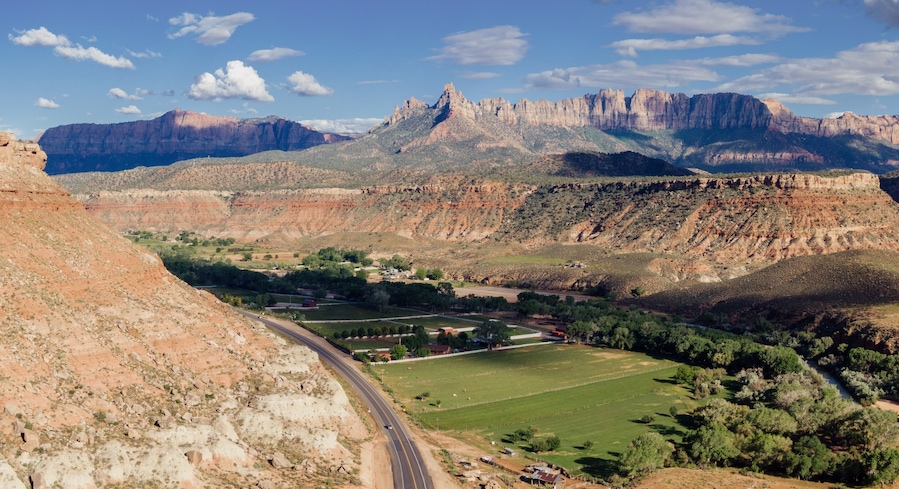 Desert highway heading to Zion National Park. Grafton, Rockville, Utah, United States of America.