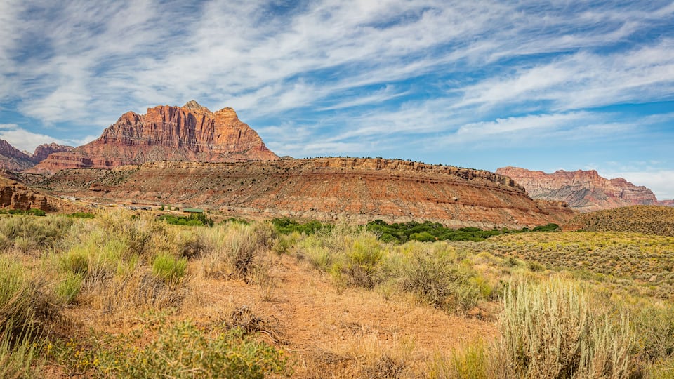 A desert landscape with a prominent mountain range and sparse vegetation.