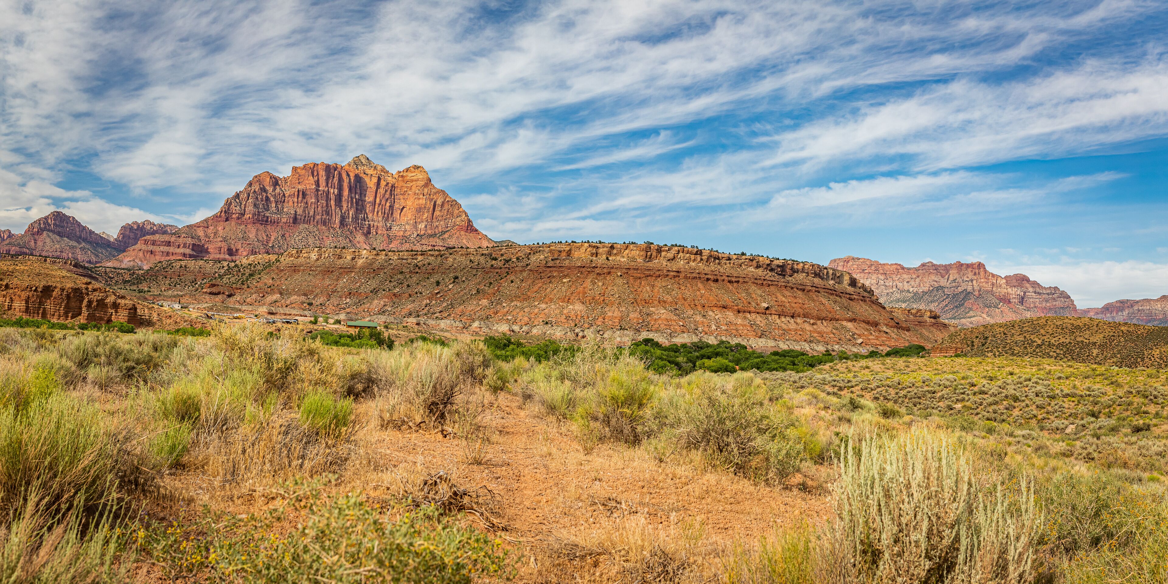 A desert landscape with a prominent mountain range and sparse vegetation.