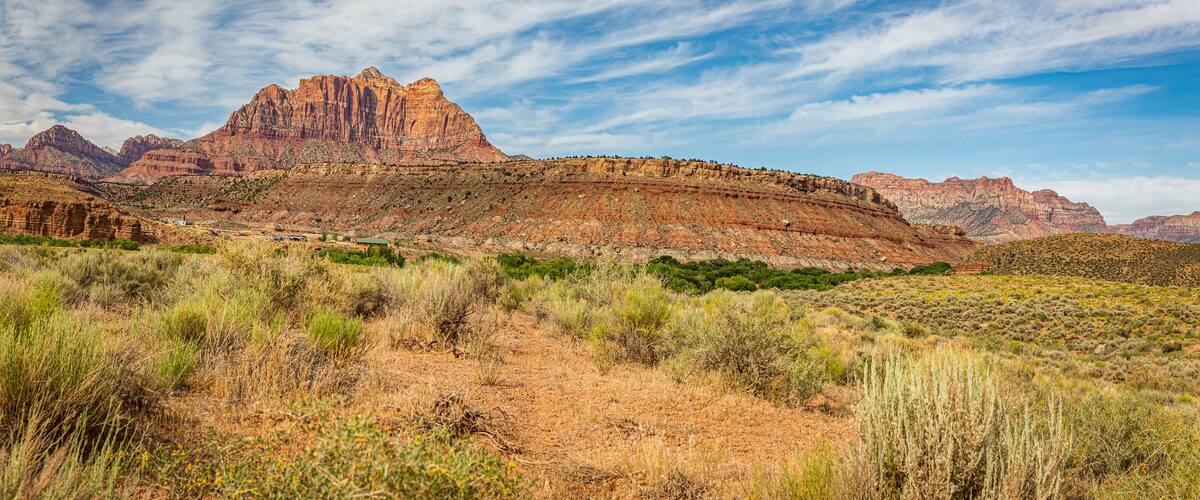 A desert landscape with a prominent mountain range and sparse vegetation.
