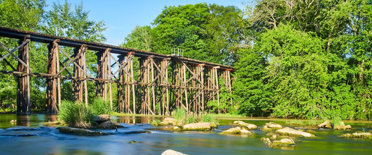 Old wooden railroad bridge over water