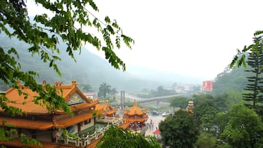 Dijiu Suspension Bridge at Chukou Village, in the Alishan Forest Recreation Area in Chiayi County, Taiwan. Longyin Temple is at the bottom left.
