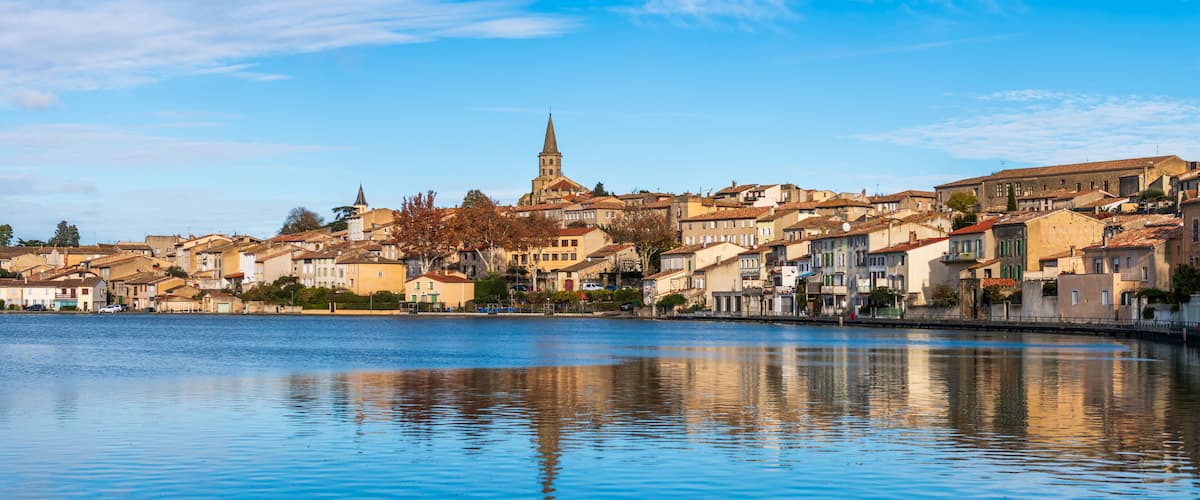 Quay of the Cybelle, and the Canal du Midi, in Castelnaudary, in Aude, in Occitanie, France