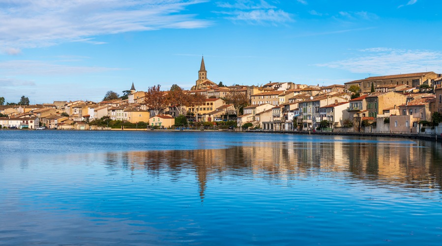 Quay of the Cybelle, and the Canal du Midi, in Castelnaudary, in Aude, in Occitanie, France