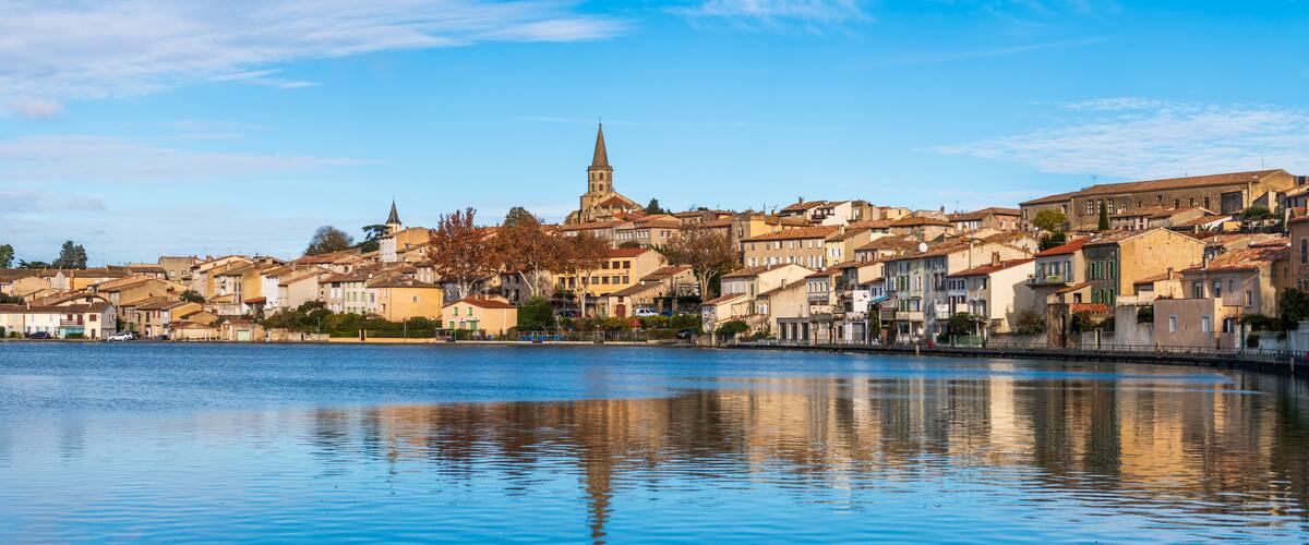Quay of the Cybelle, and the Canal du Midi, in Castelnaudary, in Aude, in Occitanie, France