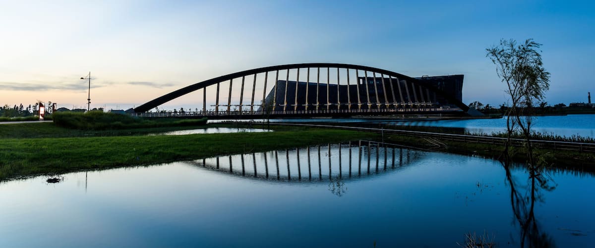 Sunset view of the Southern Branch of the National Palace Museum in Chiayi, Taiwan.