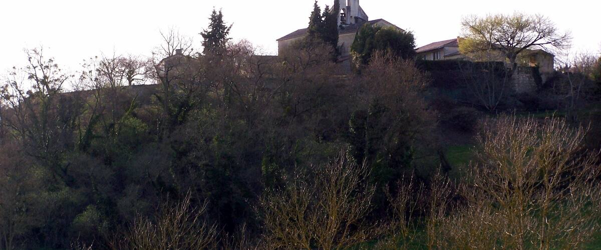 A church with a bell tower on a hill, surrounded by trees and a small building.