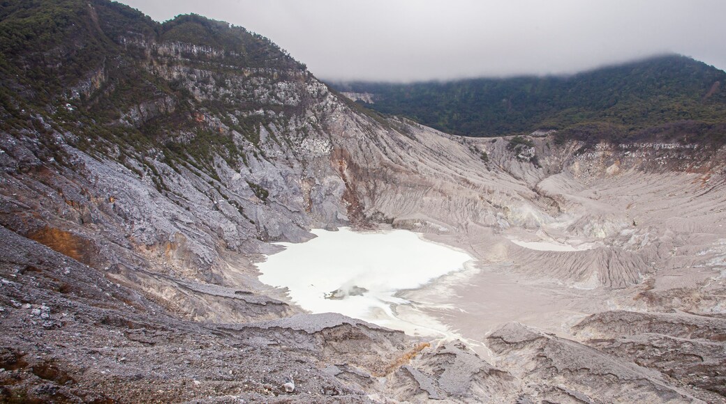 The beautiful view of the crater of Mount Tangkuban Parahu, an active volcano. One of the tourist destinations in Bandung, West Java, Indonesia.