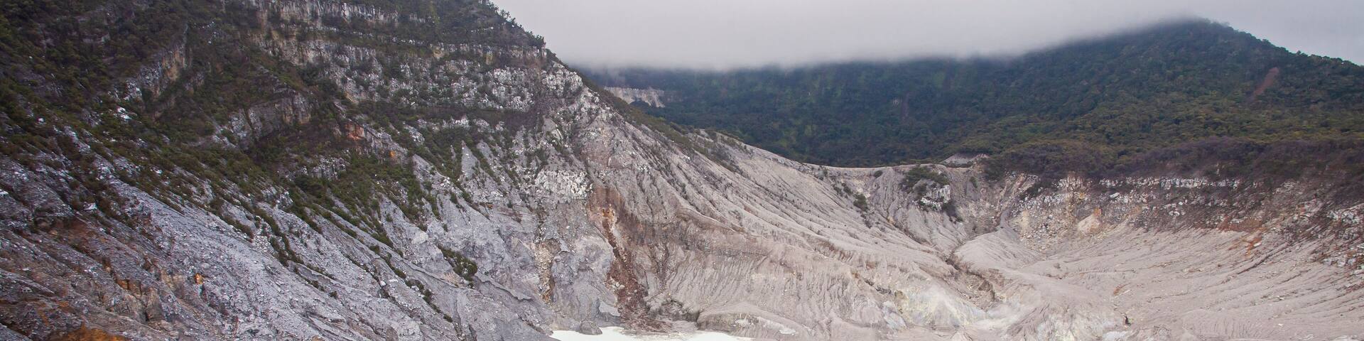 The beautiful view of the crater of Mount Tangkuban Parahu, an active volcano. One of the tourist destinations in Bandung, West Java, Indonesia.