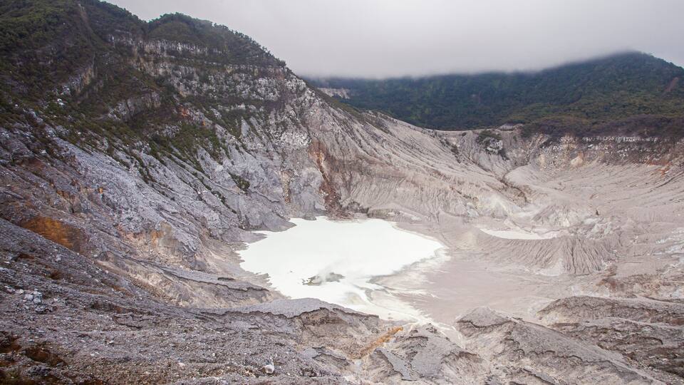 The beautiful view of the crater of Mount Tangkuban Parahu, an active volcano. One of the tourist destinations in Bandung, West Java, Indonesia.