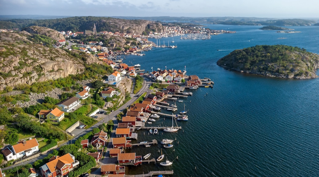 A coastal town with a harbor, houses, and a church.