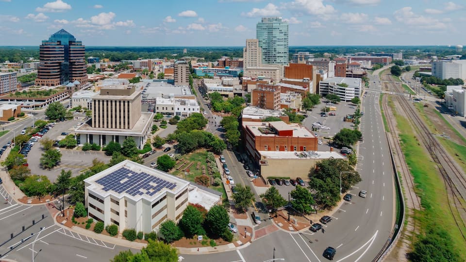 Warehouse District and downtown Durham, North Carolina, United States.
