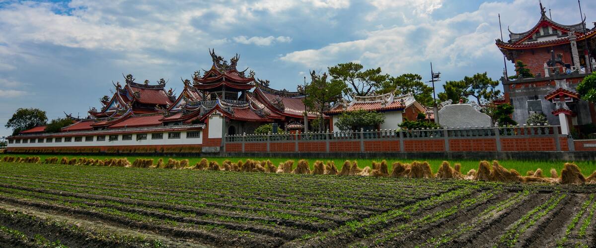 A traditional temple with ornate architecture, surrounded by neatly arranged fields.