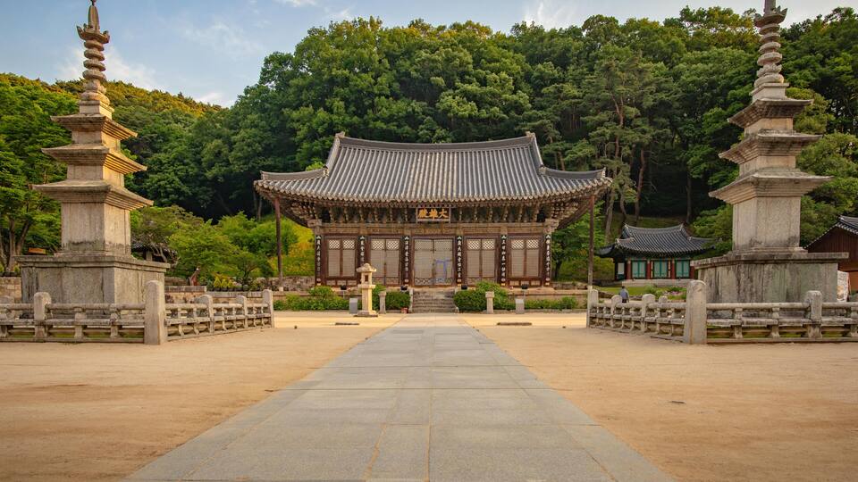 A traditional Japanese temple with a central building, surrounded by stone lanterns and a forested hillside.