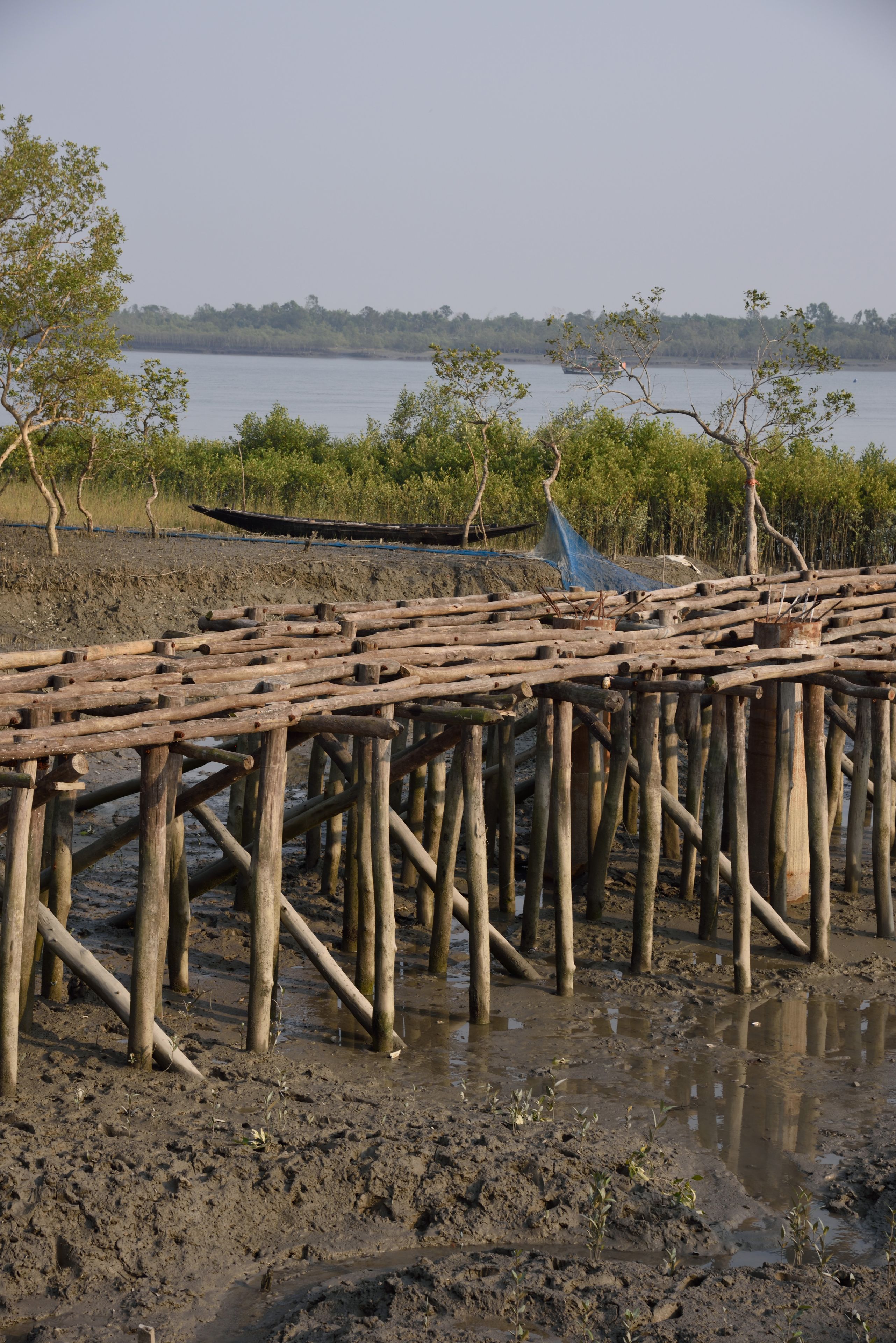 Eine Holzkonstruktion ragt in ein trübes Gewässer, umgeben von Bäumen, mit einem entfernten Blick auf ein Boot auf dem Wasser.