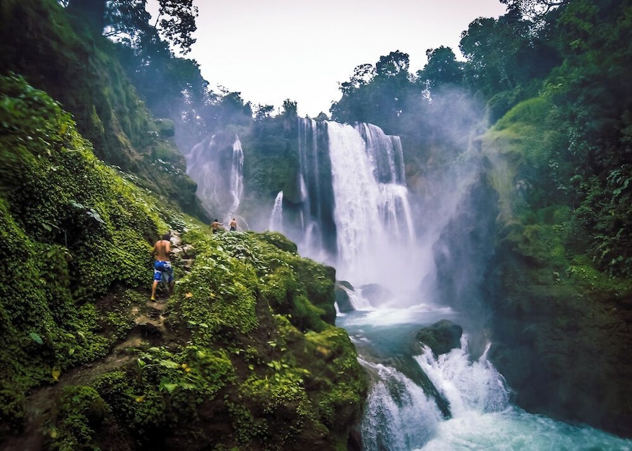 On the way to the bottom of the Pulahpanzak waterfall, before entering a cave behind its water curtain—the most amazing waterfall experience I've had