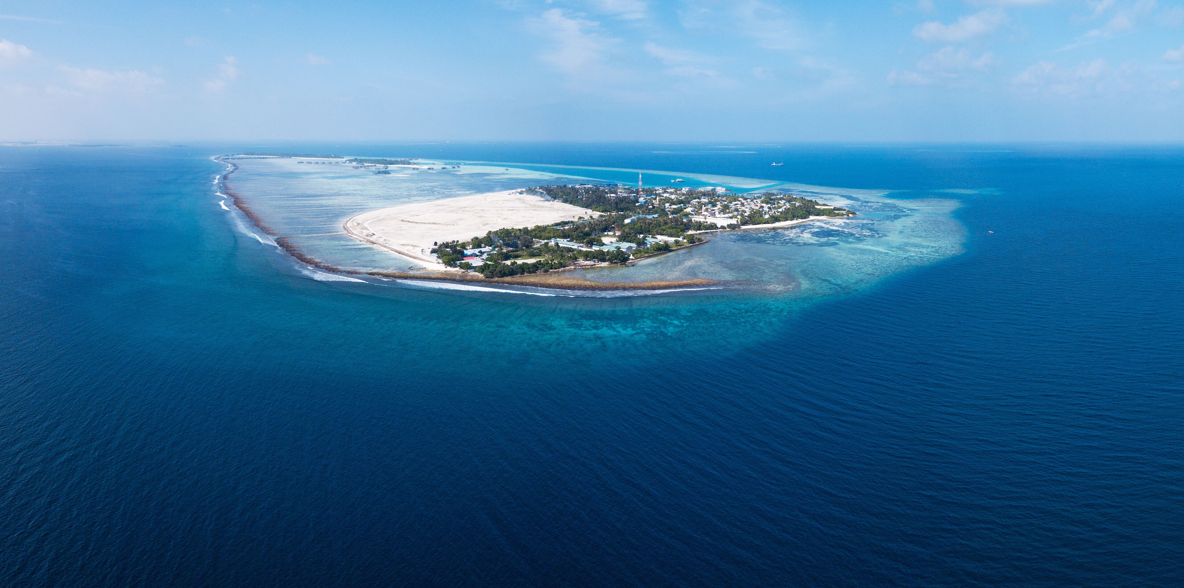 Aerial panorama of the island of Himmafushi, Kaafu atoll, Maldives