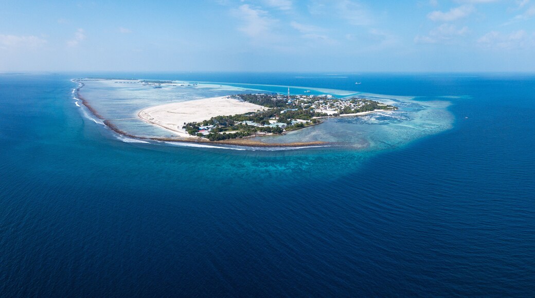 Aerial panorama of the island of Himmafushi, Kaafu atoll, Maldives