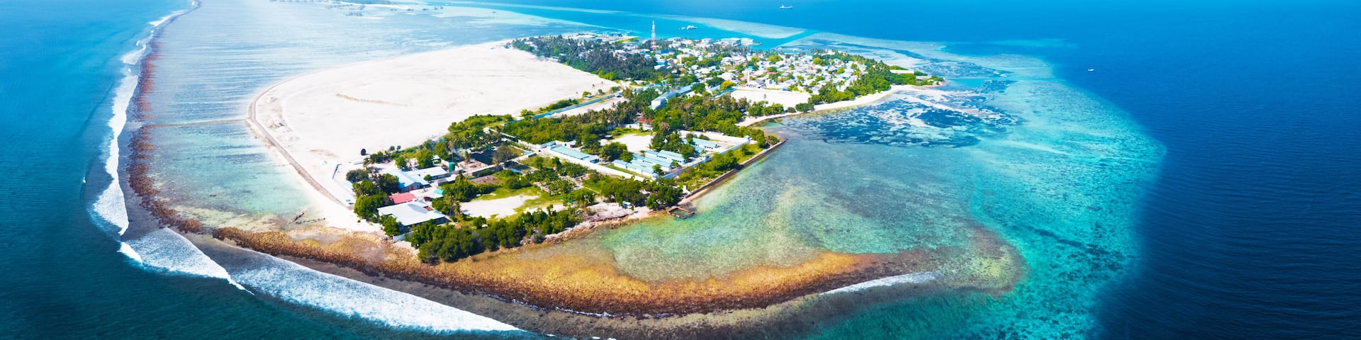 Aerial view of the tropical island of Himmafushi, Maldives