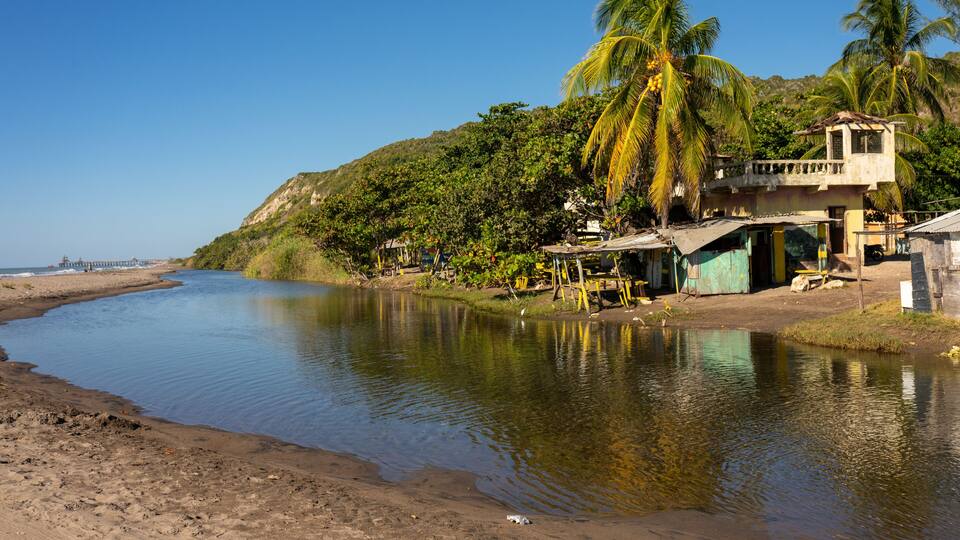 A calm riverbank with a small house, palm trees, and a distant pier.