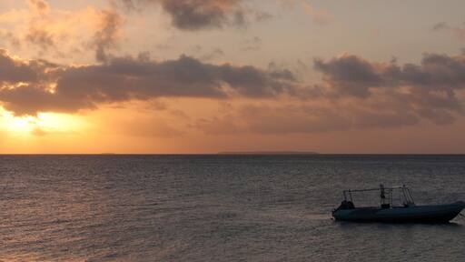 A boat on calm waters during sunset with a cloudy sky.