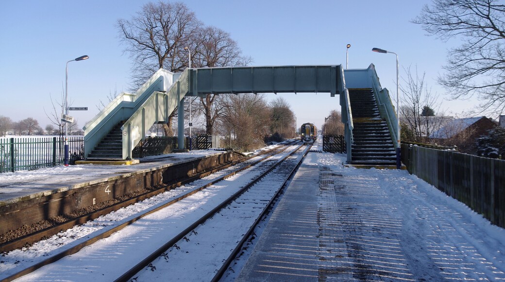 East Midlands Trains "Express Sprinter" DMU 158774 arrives at Bingham railway station with a Skegness-Nottingham service.