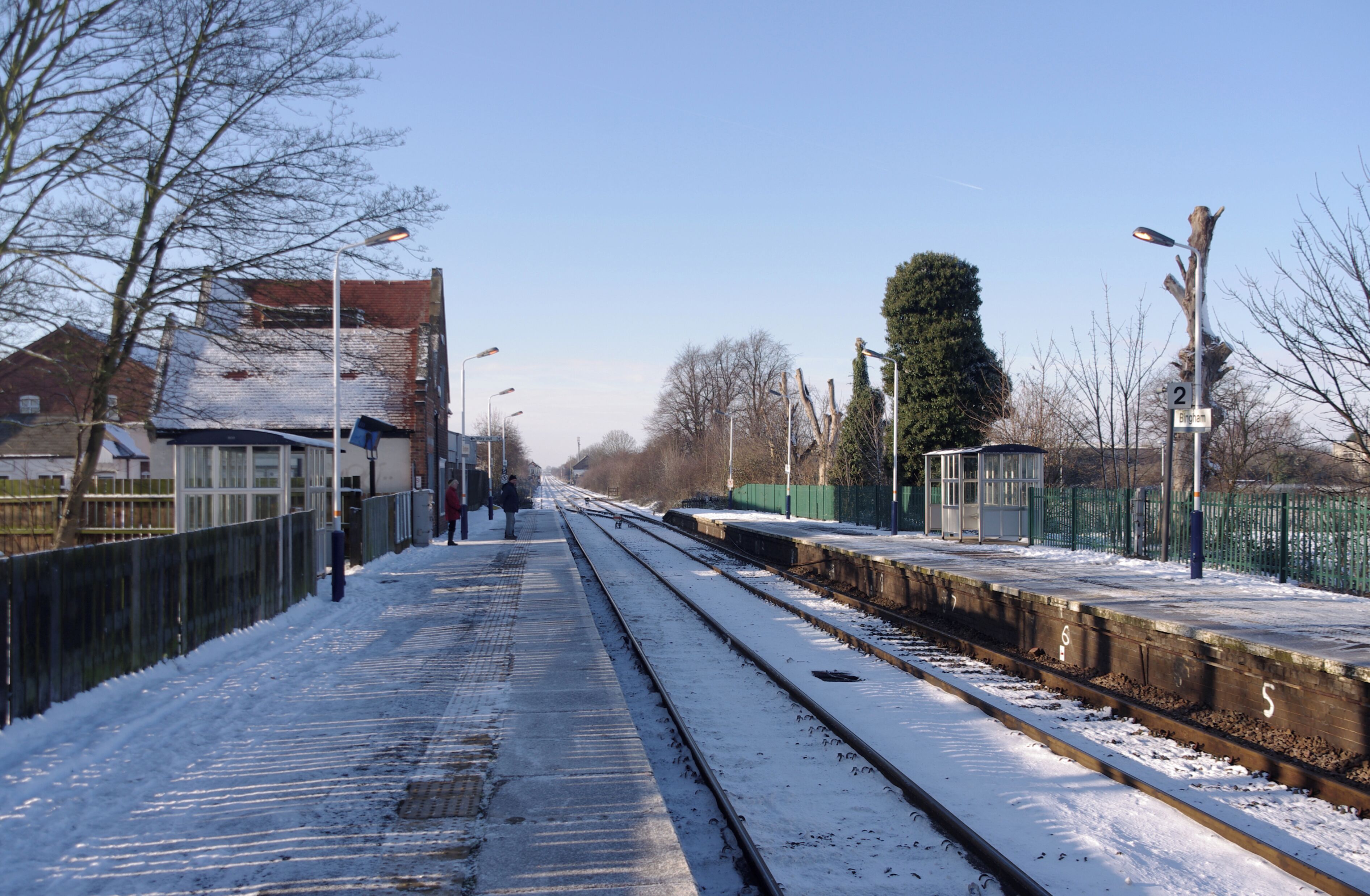 Bingham railway station in the snow, looking west.