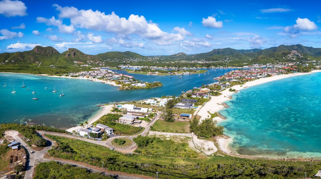 Panoramic aerial view of the beautiful Jolly Harbour Marina and Beach at the Caribbean island of Antigua and Barbuda