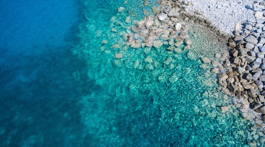 Un mar turquesa transparente con rocas visibles bajo el agua y una costa rocosa.