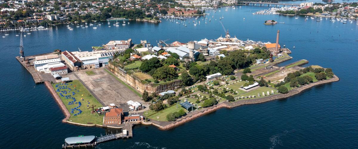 Aerial view of Cockatoo Island 0n the Parramatta river, Sydney, Australia.