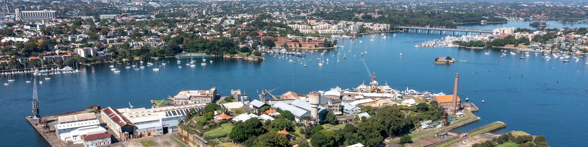 Aerial view of Cockatoo Island 0n the Parramatta river, Sydney, Australia.