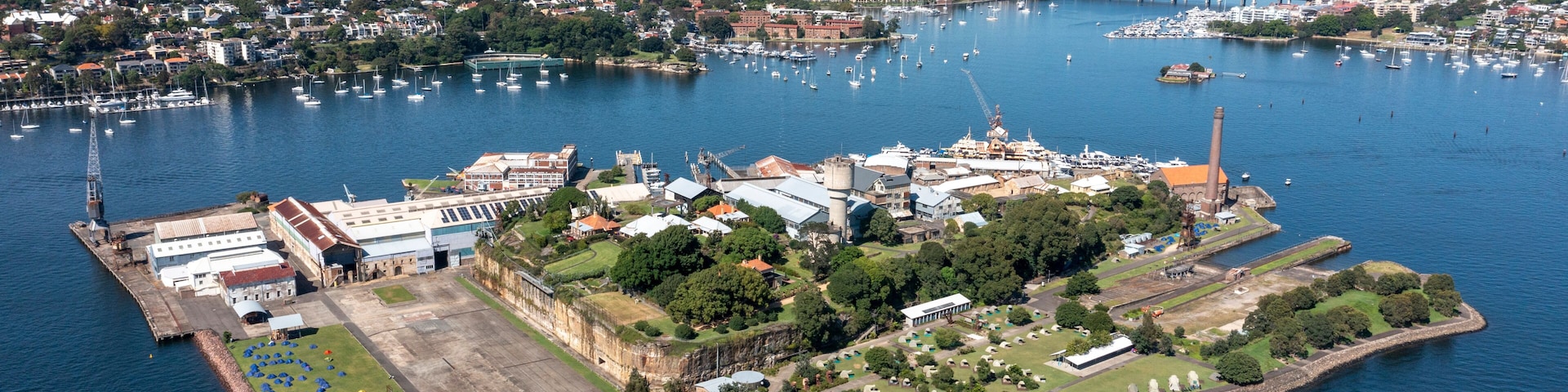 Aerial view of Cockatoo Island 0n the Parramatta river, Sydney, Australia.