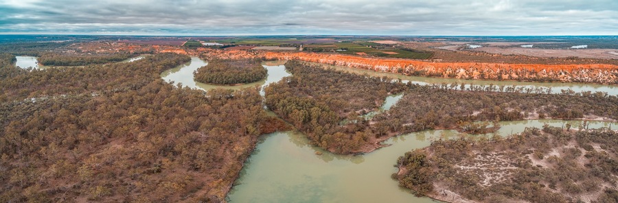 Wide aerial panorama of Murray River in Riverland region of South Australia