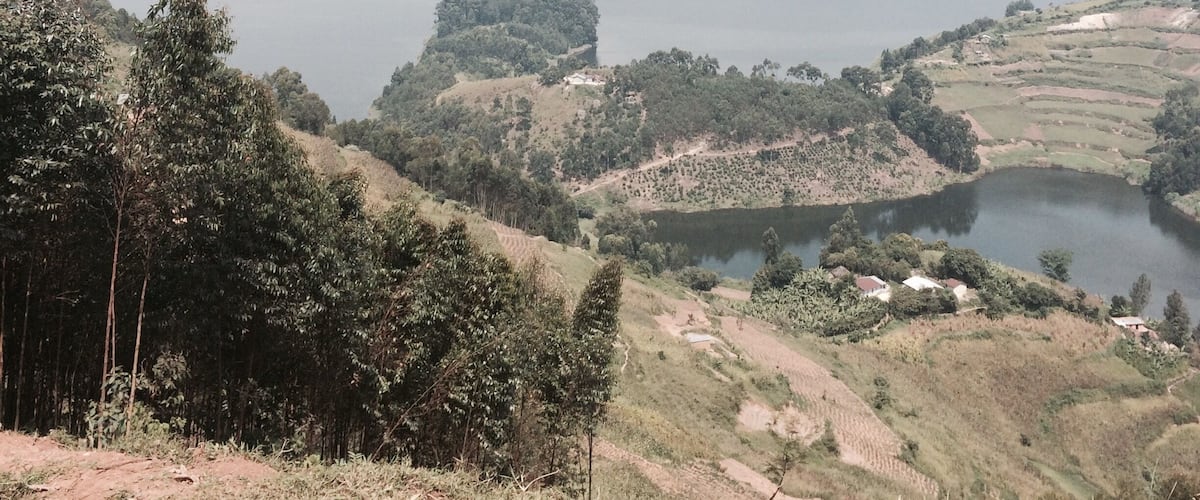 A panoramic view of a lake surrounded by hills and scattered trees.