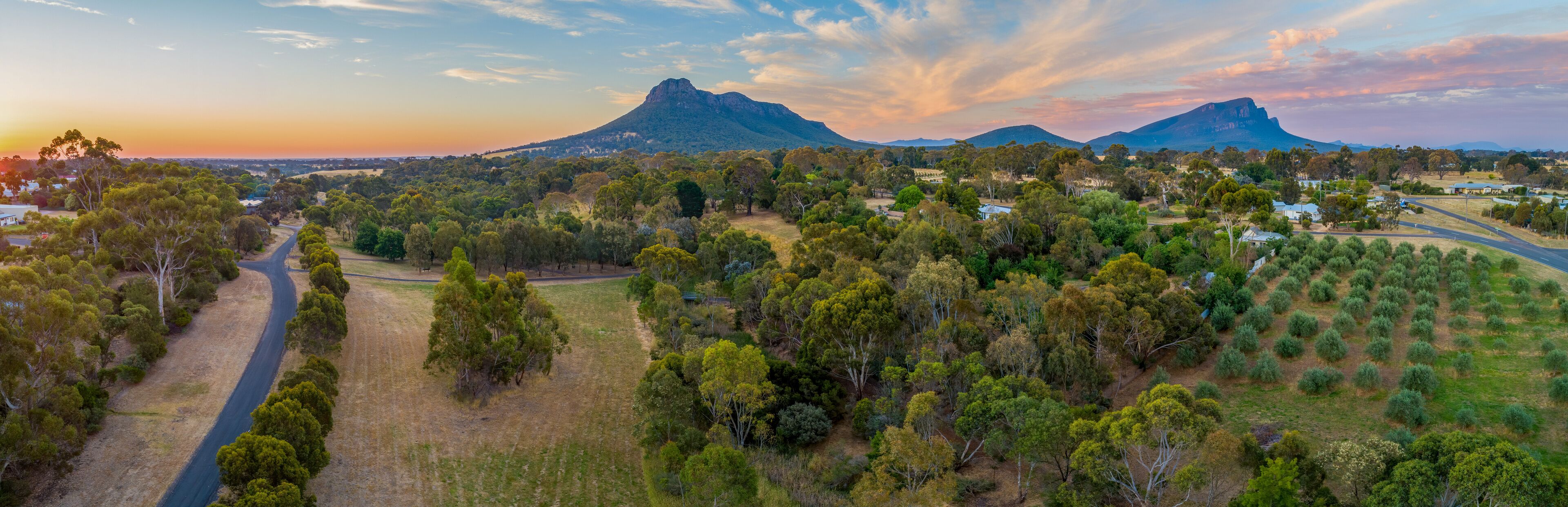Mount Sturgeon and Dunkeld township at sunset in Victoria, Australia - aerial panorama