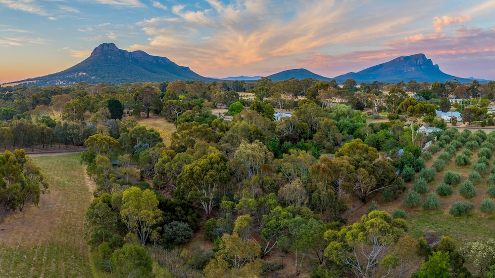 Mount Sturgeon and Dunkeld township at sunset in Victoria, Australia - aerial panorama