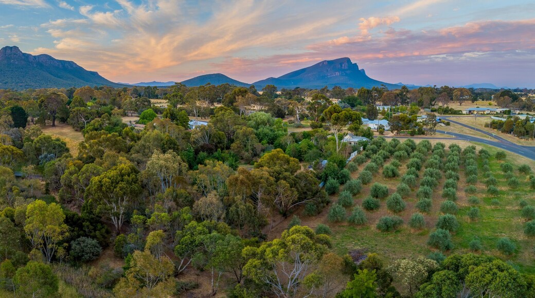 Mount Sturgeon and Dunkeld township at sunset in Victoria, Australia - aerial panorama