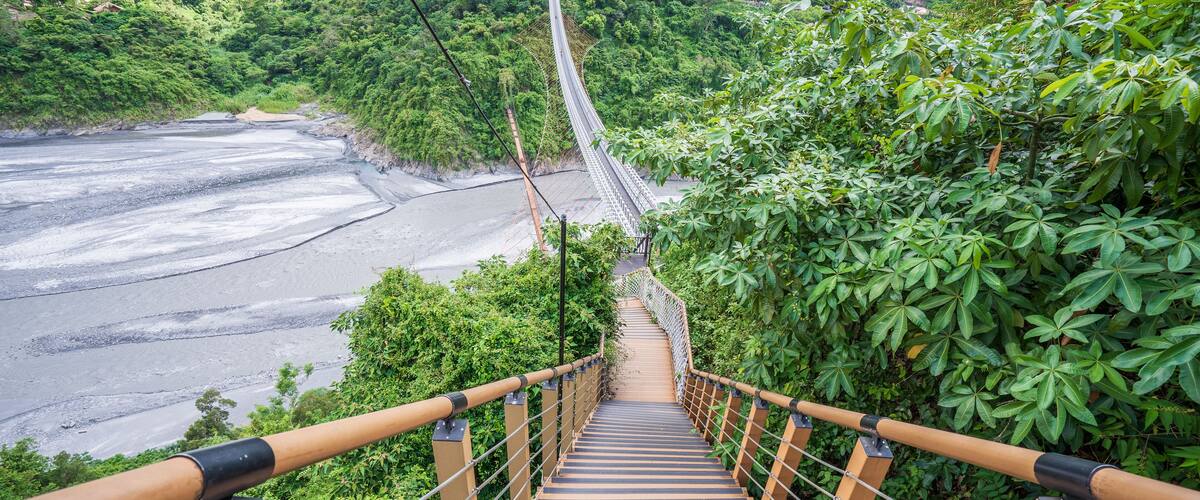 A wooden suspension bridge over a river, surrounded by dense green foliage.