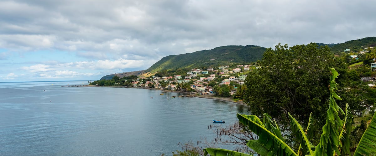 A coastal town with houses on a hillside, a calm sea, and lush greenery.