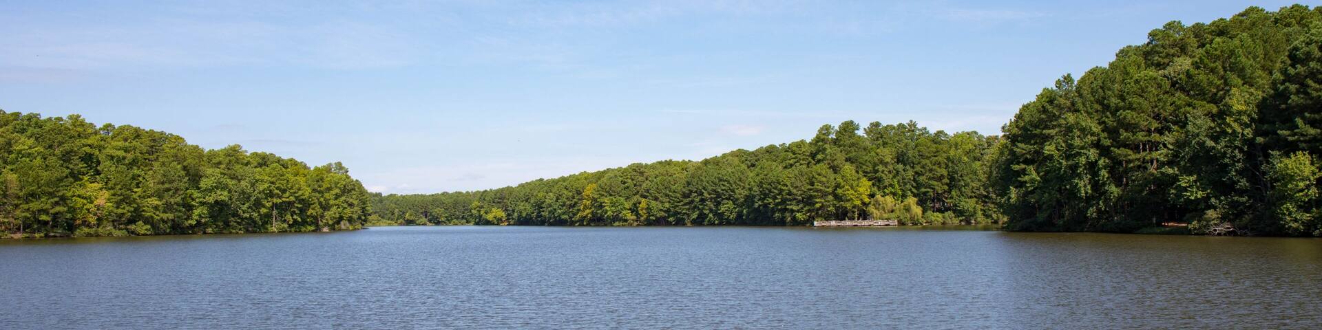 A beautiful view of a lake with bright green trees and bright blue sky and a dock on the opposite shoreline.