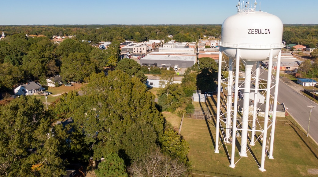 Sunny Daytime Aerial Drone Images of Downtown Zebulon North Carolina, and Surrounding Areas.
