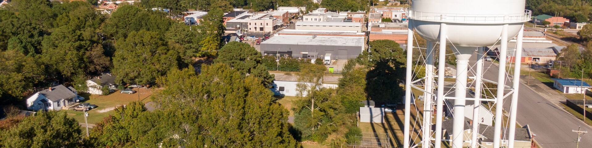 Sunny Daytime Aerial Drone Images of Downtown Zebulon North Carolina, and Surrounding Areas.