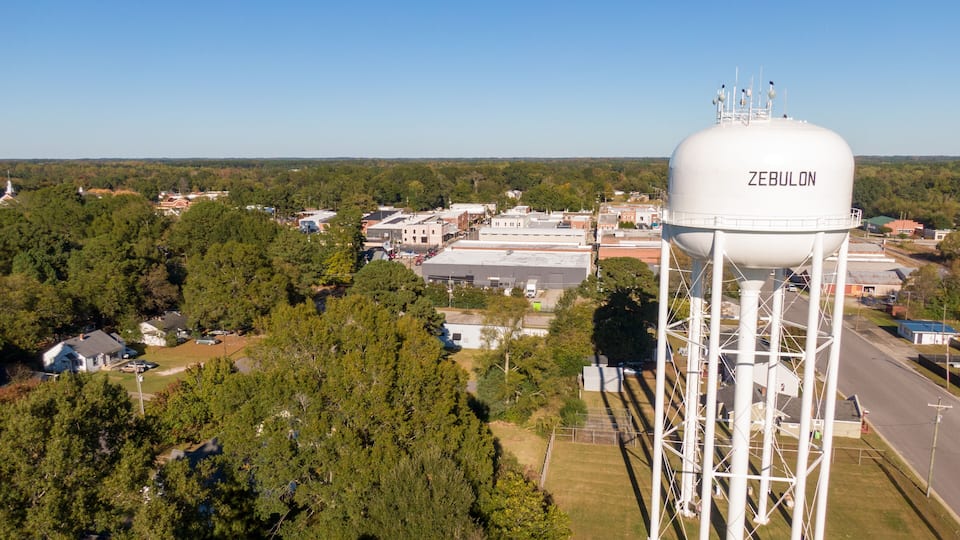 Sunny Daytime Aerial Drone Images of Downtown Zebulon North Carolina, and Surrounding Areas.