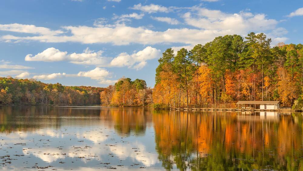 Autumn scene at Umstead Park State Park in Raleigh, North Carolina - Canoe Lake House