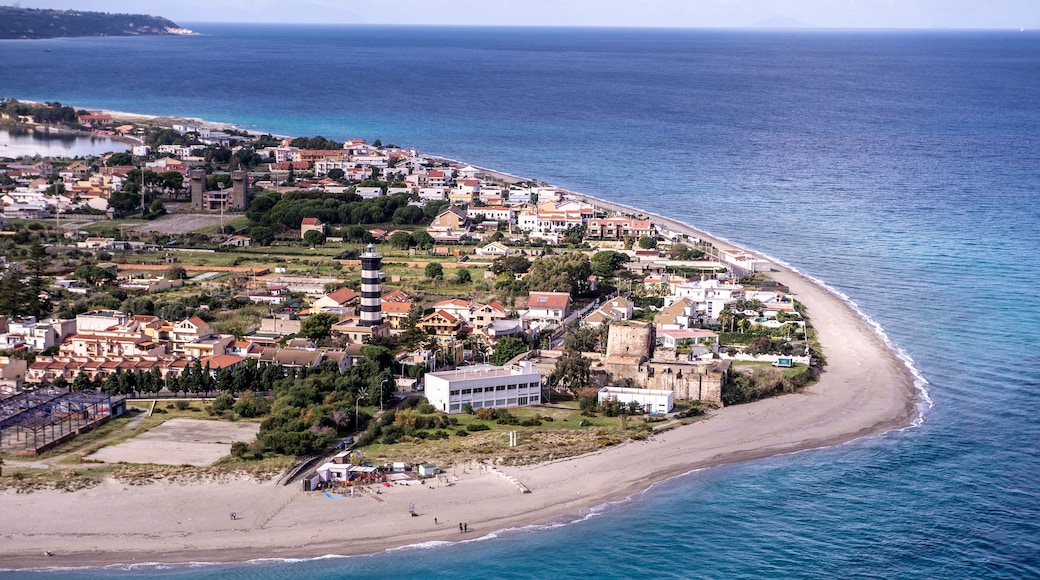 Aerial view of Capo Peloro, the extreme north-eastern tip of Sicily on the Strait of Messina, Sicily, Italy.